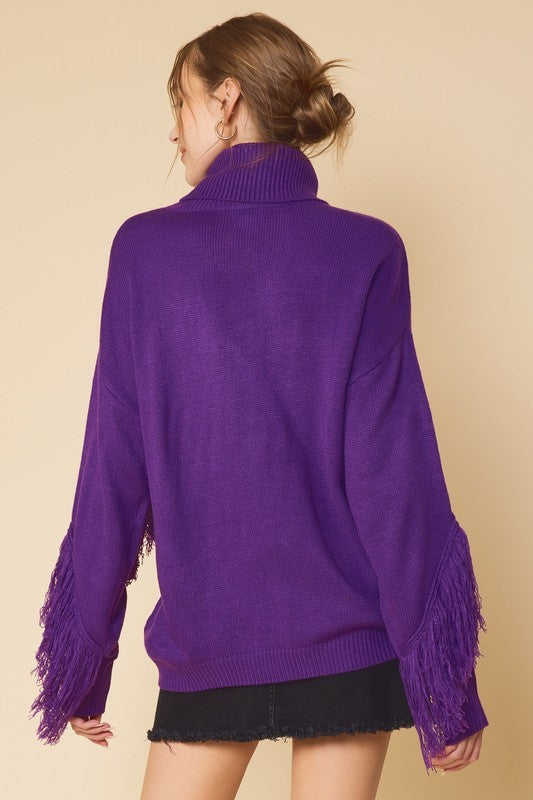 Long Sleeve Turtleneck Sweater with Fringe - Violet