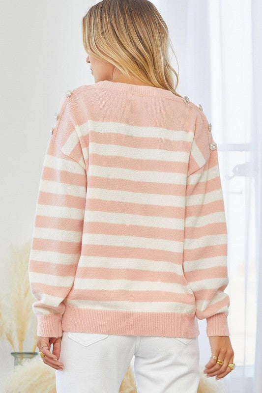 Plus - Striped Knit Sweater with Crystal Button Detail - Blush/Ivory