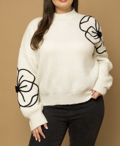 Plus - Long Sleeve Ivory Sweater with Flower Embellishments