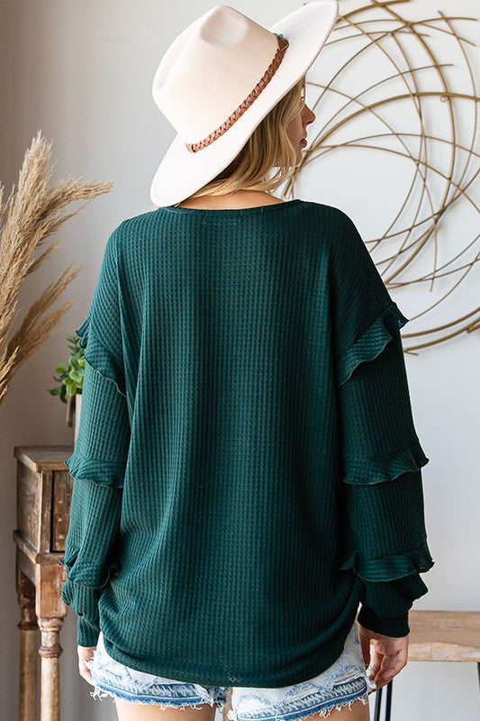 Plus - Waffle Long Sleeve Top with Ruffle Tiered Sleeves - Hunter Green