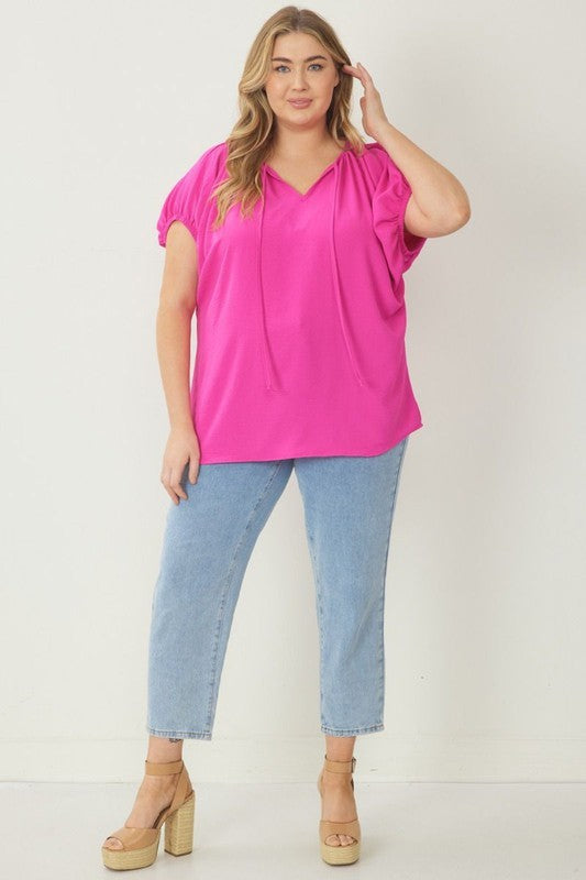 Plus - Bubble Sleeve Top - Hot Pink