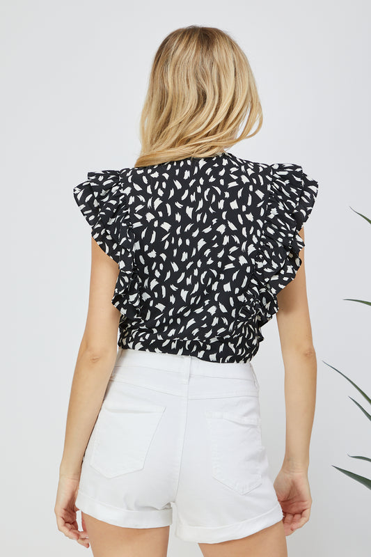 Ruffle Self Tie Crop Top - Black and White