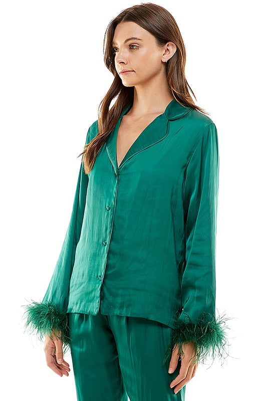 Long Sleeve Button Down with Feather Trim - Huntergreen