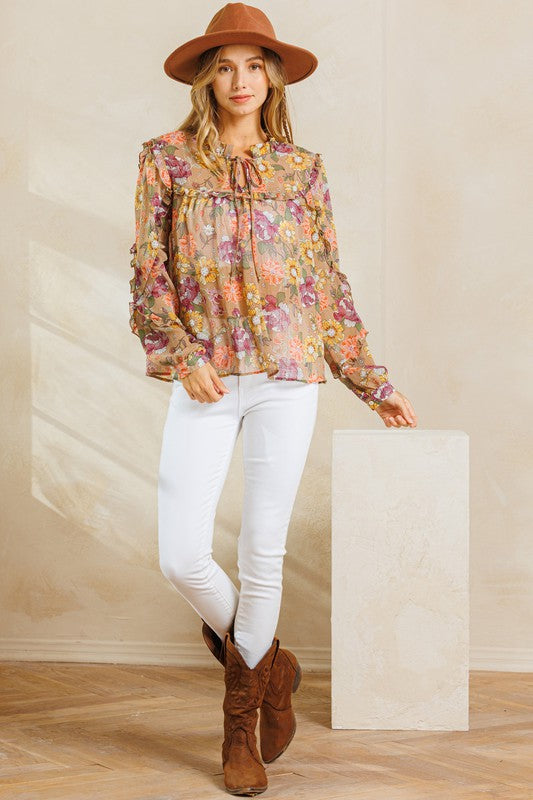 Flower Print Ruffled Long Sleeve Blouse