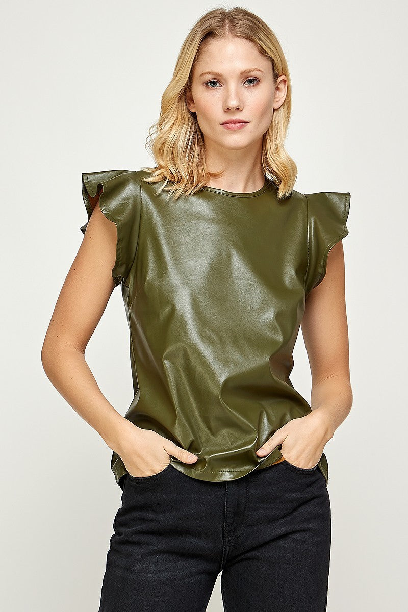 Faux Leather Top with Ruffle Sleeves - Olive