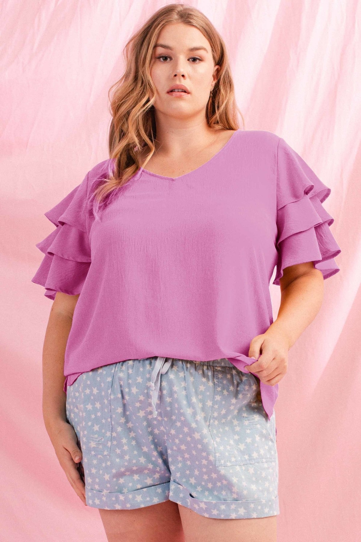 Plus - Solid Layer Ruffle Top with 3-layer Ruffle Sleeves - Orchid