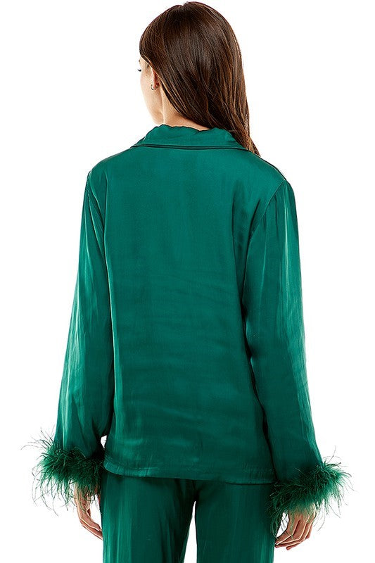 Long Sleeve Button Down with Feather Trim - Huntergreen
