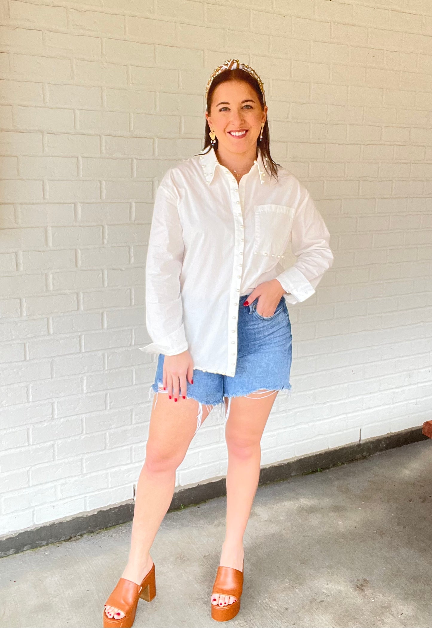 Oversized Button Down with Pearl Bead Trim